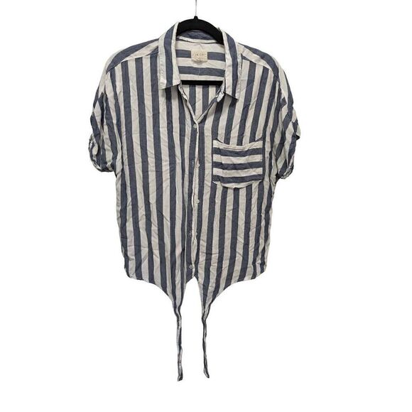 id:23 by Sneak Peek Front Tie Short Sleeves with Front Pocket Button Down Stripp - Picture 1 of 6